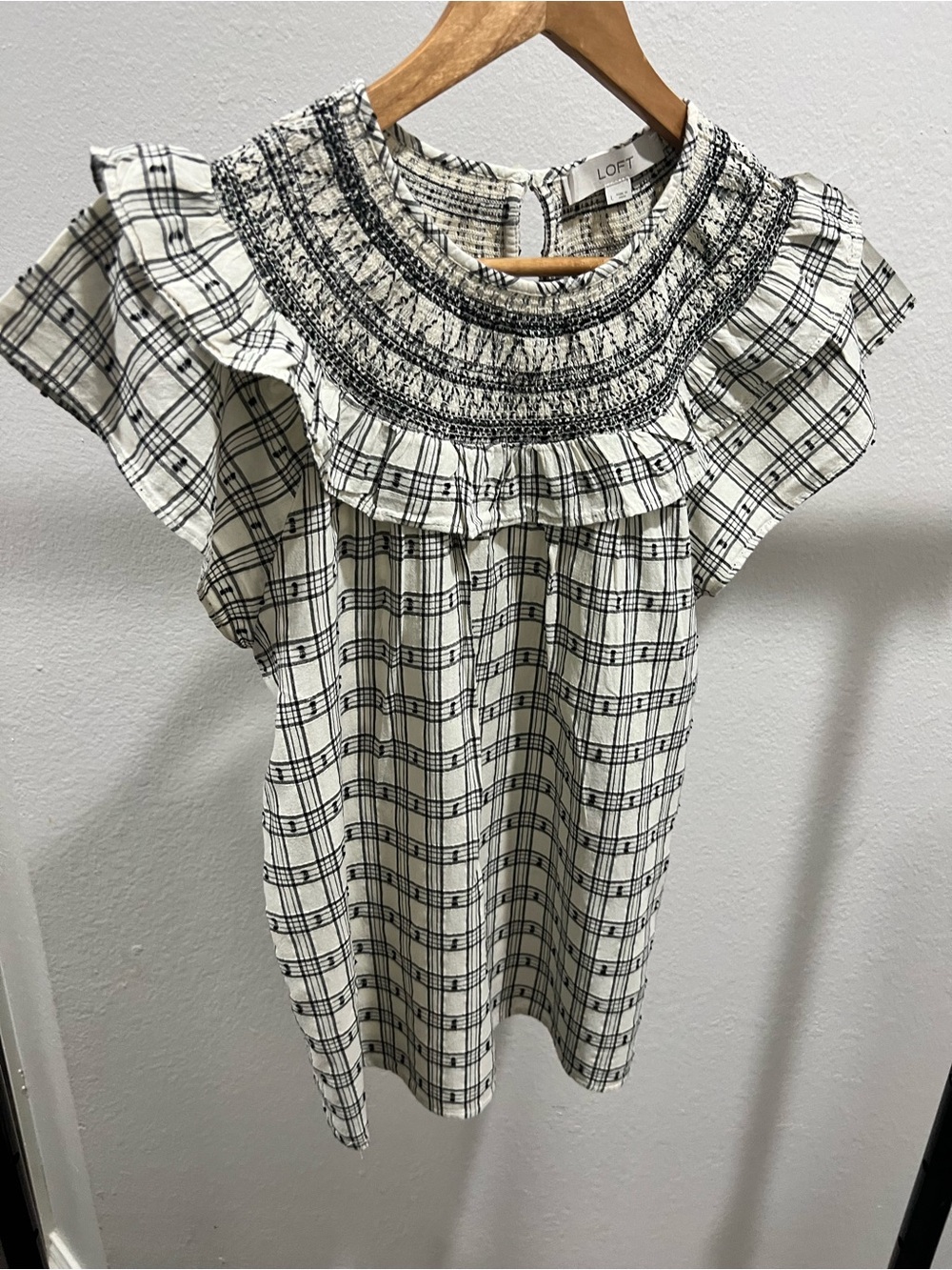 LOFT Black & Ivory Smocked Plaid Sleeveless Shirt